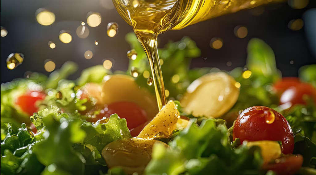 A close-up image of golden cold pressed oils being poured onto a fresh salad, featuring vibrant green lettuce, cherry tomatoes, and other colorful vegetables. The oil glistens under soft lighting, highlighting the freshness and richness of the ingredients, making the dish look healthy and appetizing.